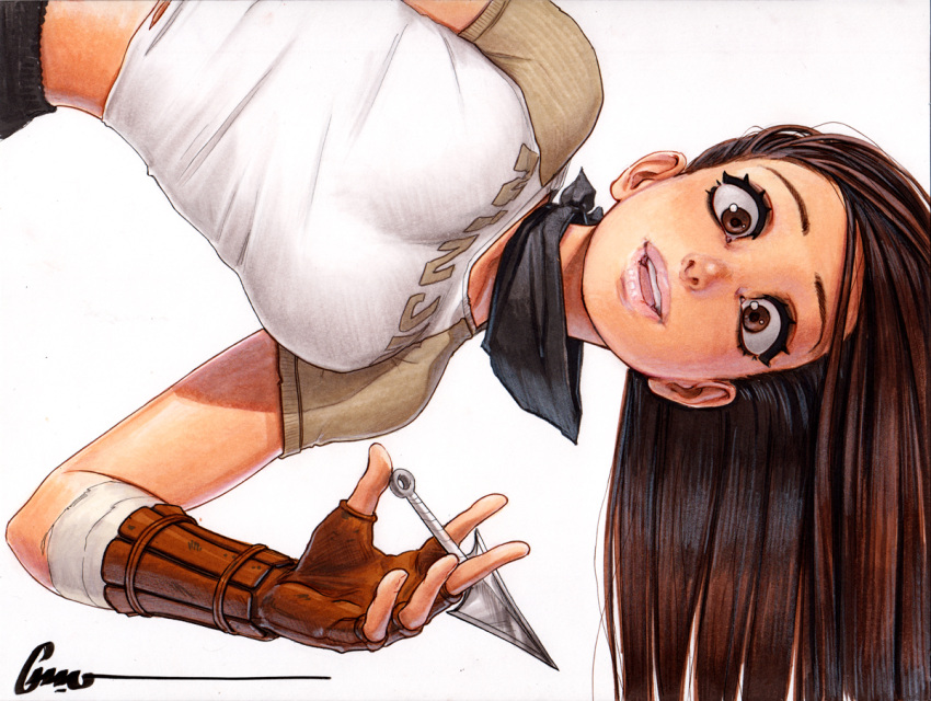 1girl, artist_name, bandaged_arm, bandages, bandana, bandana_around_neck, black_bandana, black_pants