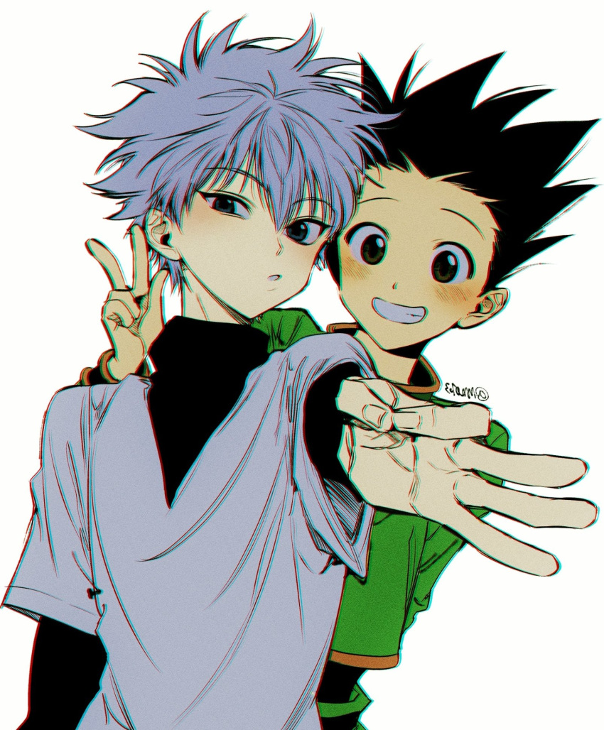 2boys, black_hair, blush, brown_eyes, gon_freecss, green_jacket, grey_eyes, highres, hunter_x_hunter, jacket, killua_zoldyck, looking_at_viewer, m_m_pb, male_focus, multiple_boys, parted_lips, shirt, simple_background, spiky_hair, turtleneck, upper_body, v, white_background, white_hair, white_shirt