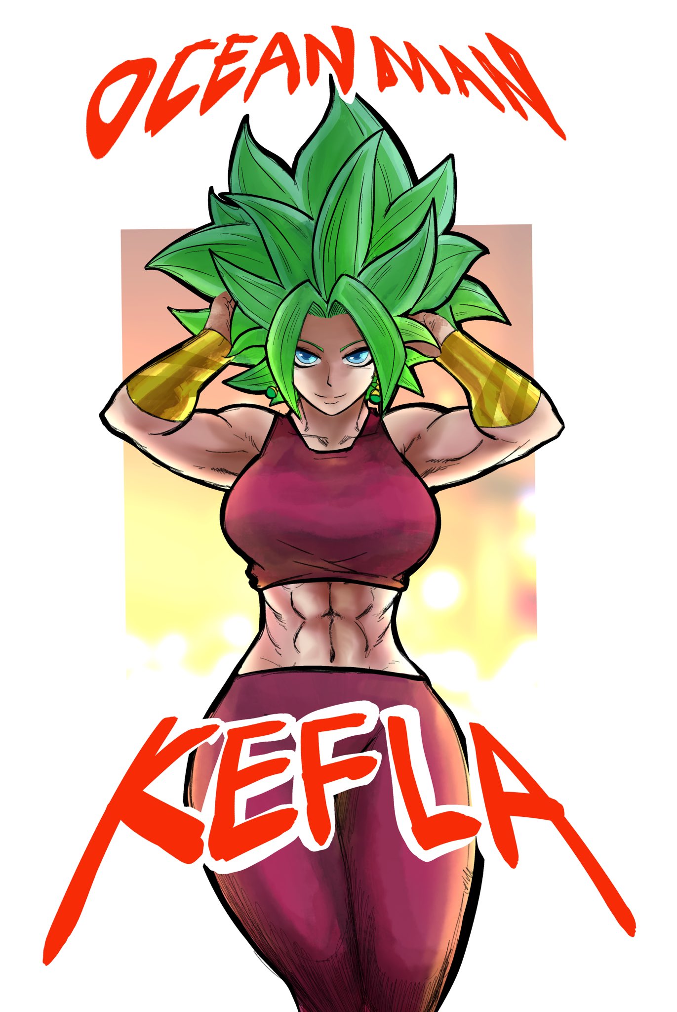1girl, abs, artist_name, bare_shoulders, blue_eyes, blurry, blurry_background, border, bracer, breasts, character_name, cowboy_shot, crop_top, dragon_ball, dragon_ball_super, earrings, english_commentary, english_text, facing_viewer, feet_out_of_frame, gold_bracer, green_hair, hands_in_hair, hands_in_own_hair, highres, jewelry, kefla_(dragon_ball), large_breasts, light_smile, looking_at_viewer, midriff, muscular, muscular_female, navel, ocean_man_(artist), outside_border, pants, pink_pants, pink_shirt, potara_earrings, shirt, signature, smile, solo, spiky_hair, super_saiyan, tank_top, white_border