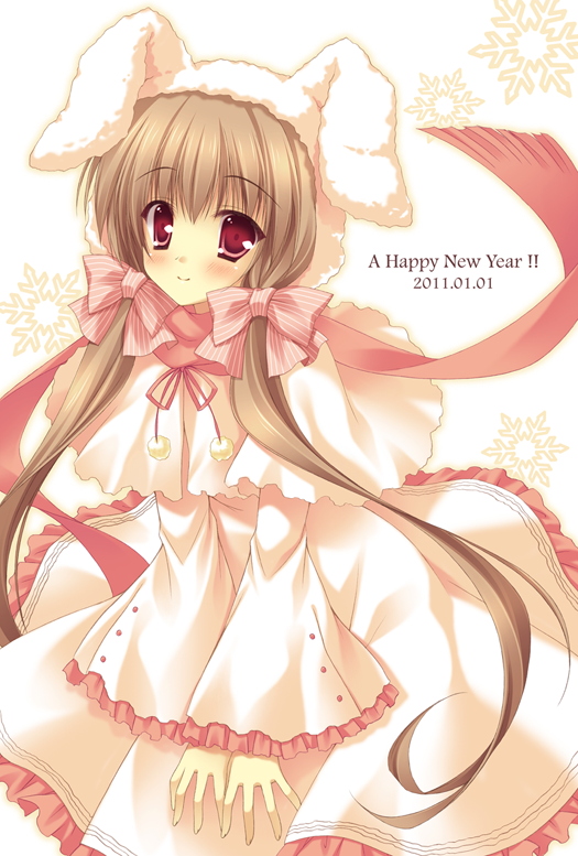akane_(allegro_mistic), bow, brown_hair, bunny_ears, dress, hair_bow, long_hair, new_year