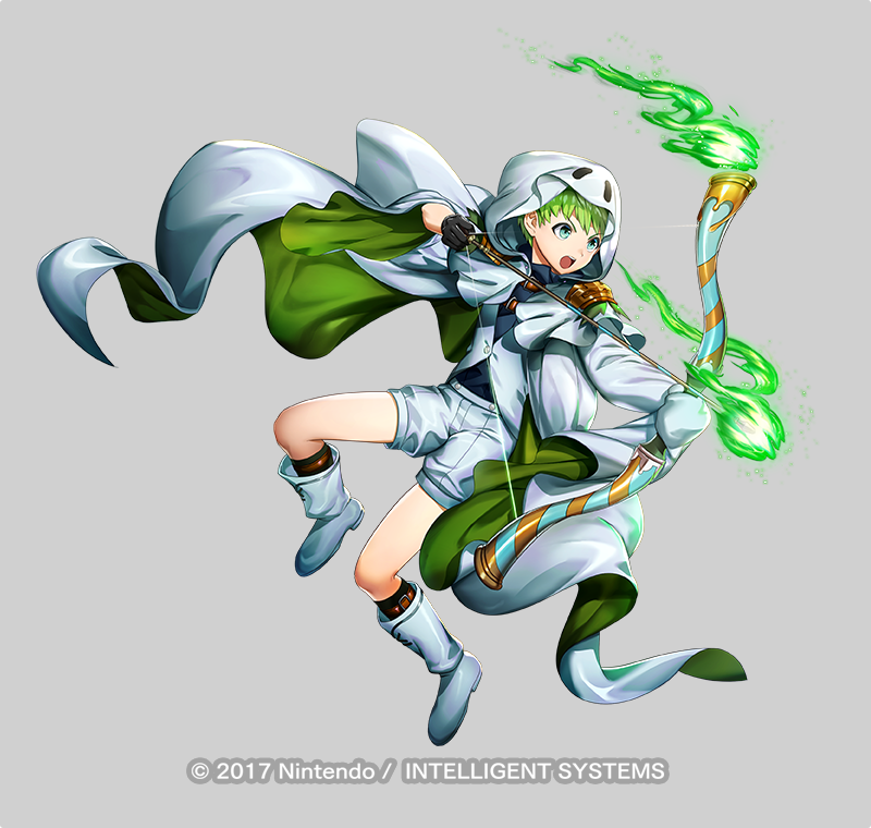 1boy, bow_(weapon), copyright_notice, fire_emblem, fire_emblem_heroes, full_body, ghost_costume, green_hair, grey_background, holding, holding_bow_(weapon), holding_weapon, male_focus, mikurou_(nayuta), official_art, pumpkin, rolf_(fire_emblem), rolf_(halloween)_(fire_emblem), simple_background, solo, weapon, white_footwear