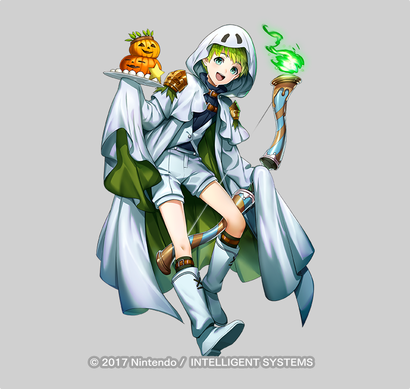 1boy, bow_(weapon), copyright_notice, fire_emblem, fire_emblem_heroes, full_body, ghost_costume, green_hair