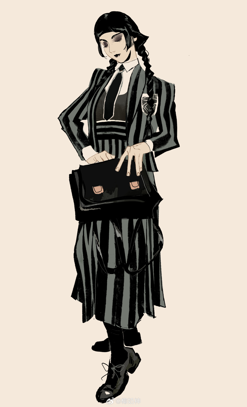1girl, absurdres, addams_family, bag, black_bag, black_eyeshadow, black_footwear, black_hair