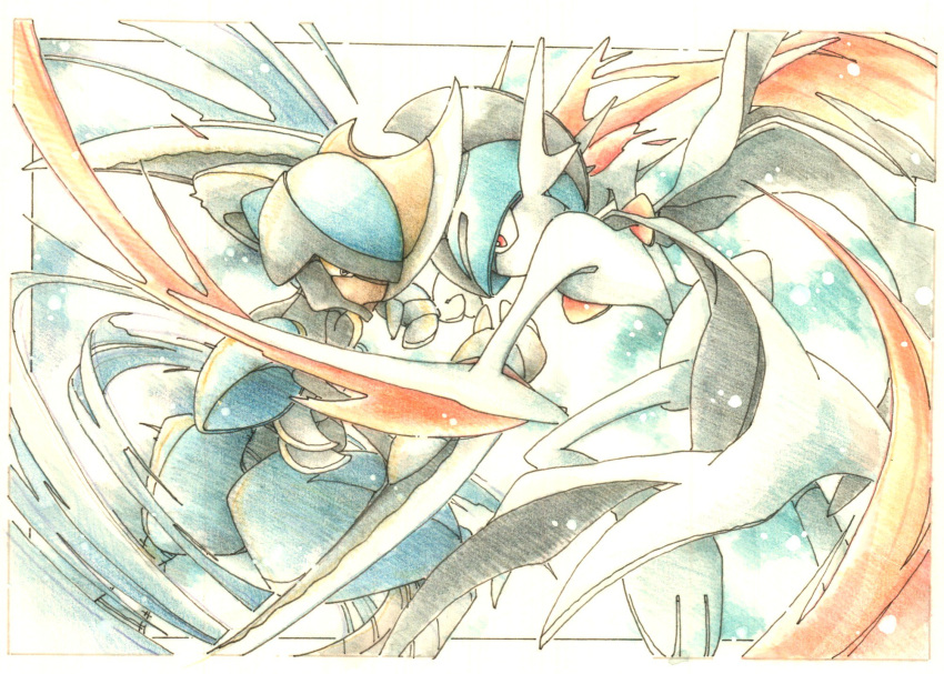 alternate_color, arm_blade, battle, bisharp, blue_hair, cape, colored_skin, fake_horns
