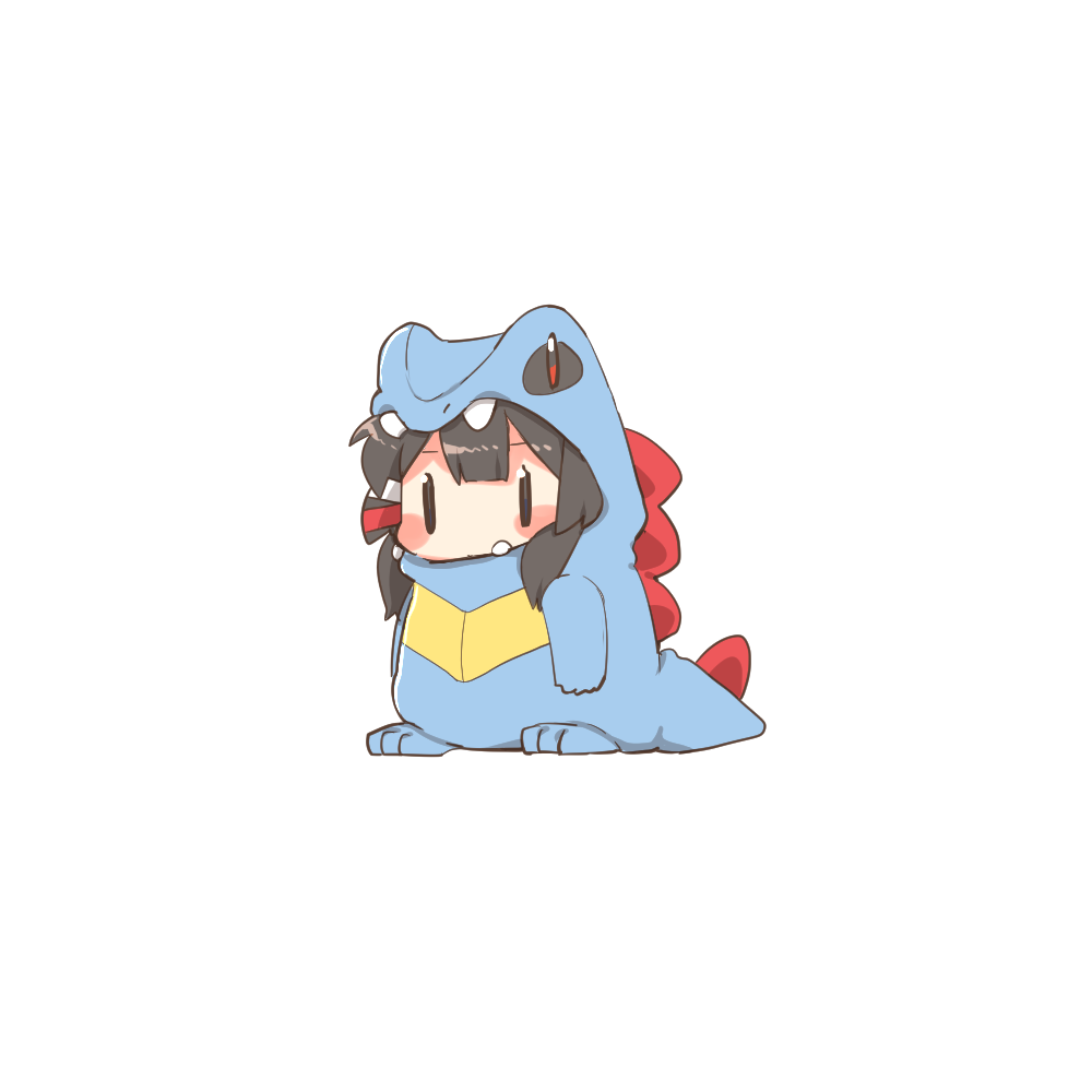 1girl, animal_costume, black_hair, blush_stickers, chibi, crocodile_costume, hair_ornament, hairclip