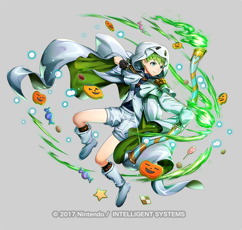 1boy, bow_(weapon), copyright_notice, fire_emblem, fire_emblem_heroes, full_body, ghost_costume, green_hair