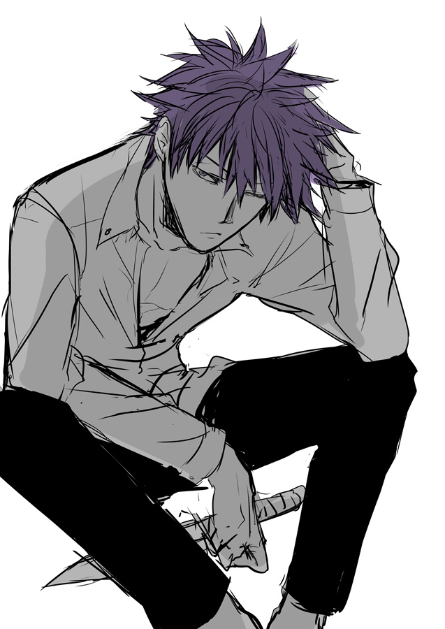 1boy, barefoot, black_pants, bored, closed_mouth, collared_shirt, dagger, furrowed_brow, greyscale, hair_between_eyes, hand_in_own_hair, holding, holding_dagger, holding_knife, holding_weapon, kang_tae-shik, knife, long_sleeves, looking_at_viewer, male_focus, monochrome, no_shoes, no_socks, one_eye_closed, open_clothes, open_shirt, pants, purple_hair, shirt, short_hair, sitting, sketch, solo_leveling, spiky_hair, violet_eyes, wab_lev, weapon, white_background