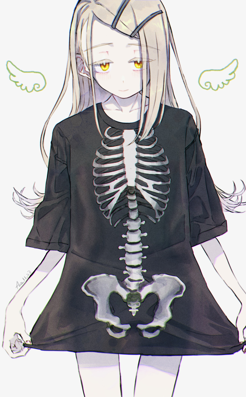 1girl, absurdres, atari_(eurf8445), black_shirt, blonde_hair, bone_print, collarbone, colored_eyelashes