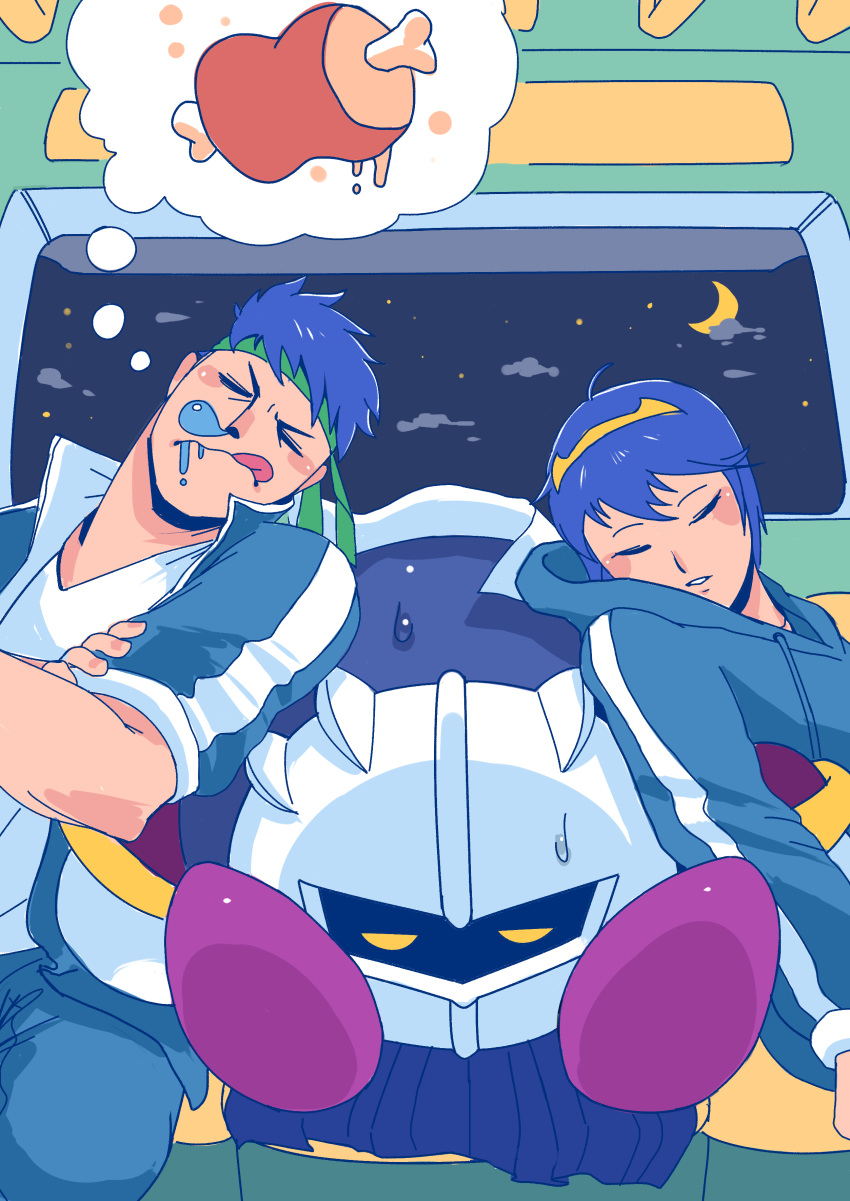 3boys, absurdres, alternate_costume, blue_hair, boned_meat, closed_eyes, commentary, contemporary