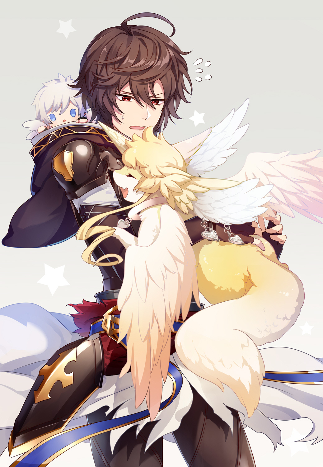 1boy, ahoge, animal_ears, armor, brown_hair, carbuncle_(granblue_fantasy), character_doll, feathered_wings