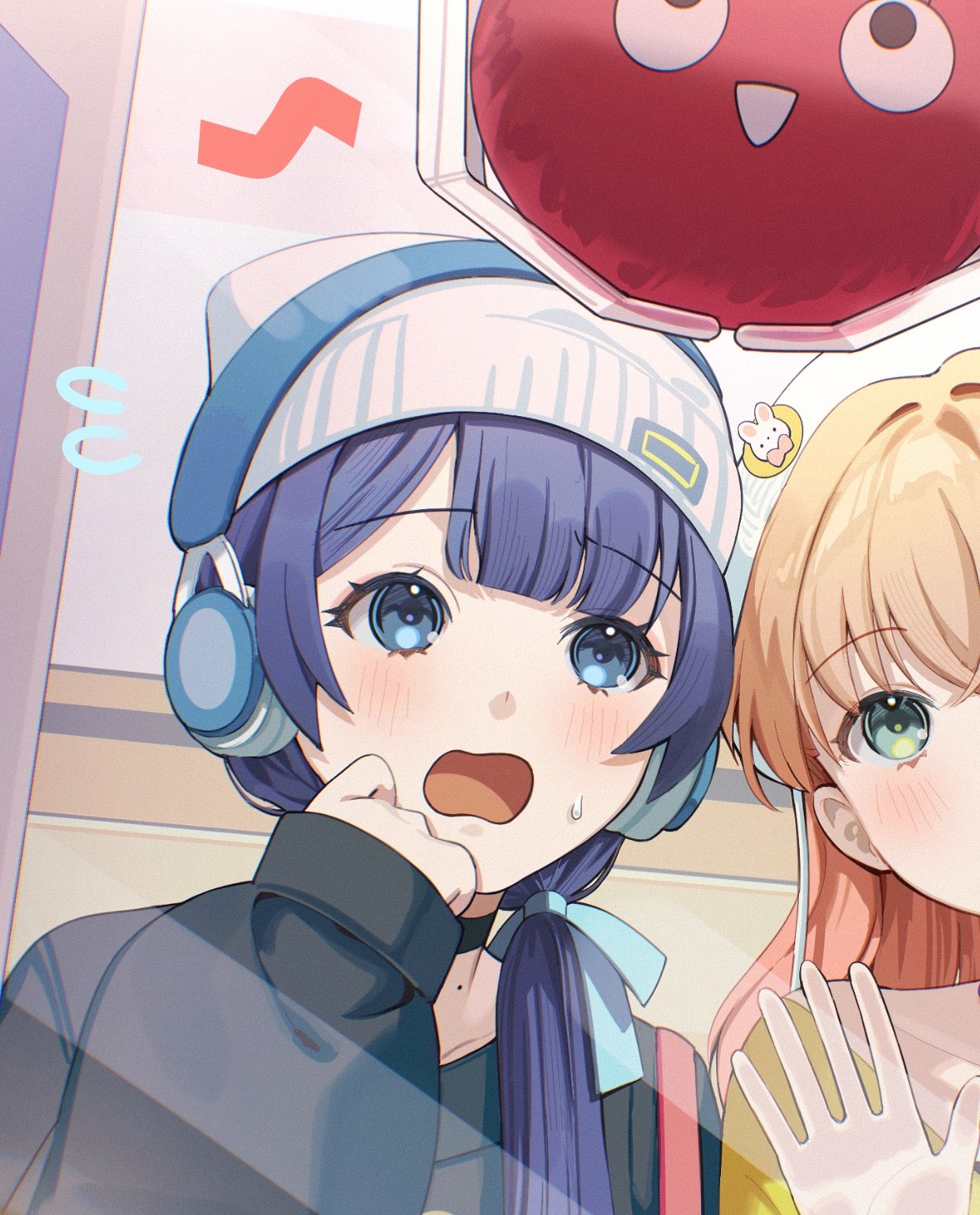 2girls, alternate_costume, beanie, black_footwear, blue_eyes, blue_hair, blue_headphones, blue_ribbon