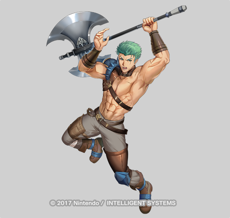 1boy, armor, axe, brown_footwear, copyright_notice, dieck_(fire_emblem), fire_emblem, fire_emblem:_the_binding_blade