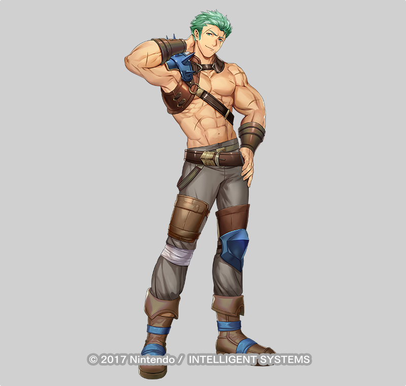 1boy, arm_behind_head, armor, brown_footwear, copyright_notice, dieck_(fire_emblem), fire_emblem, fire_emblem:_the_binding_blade