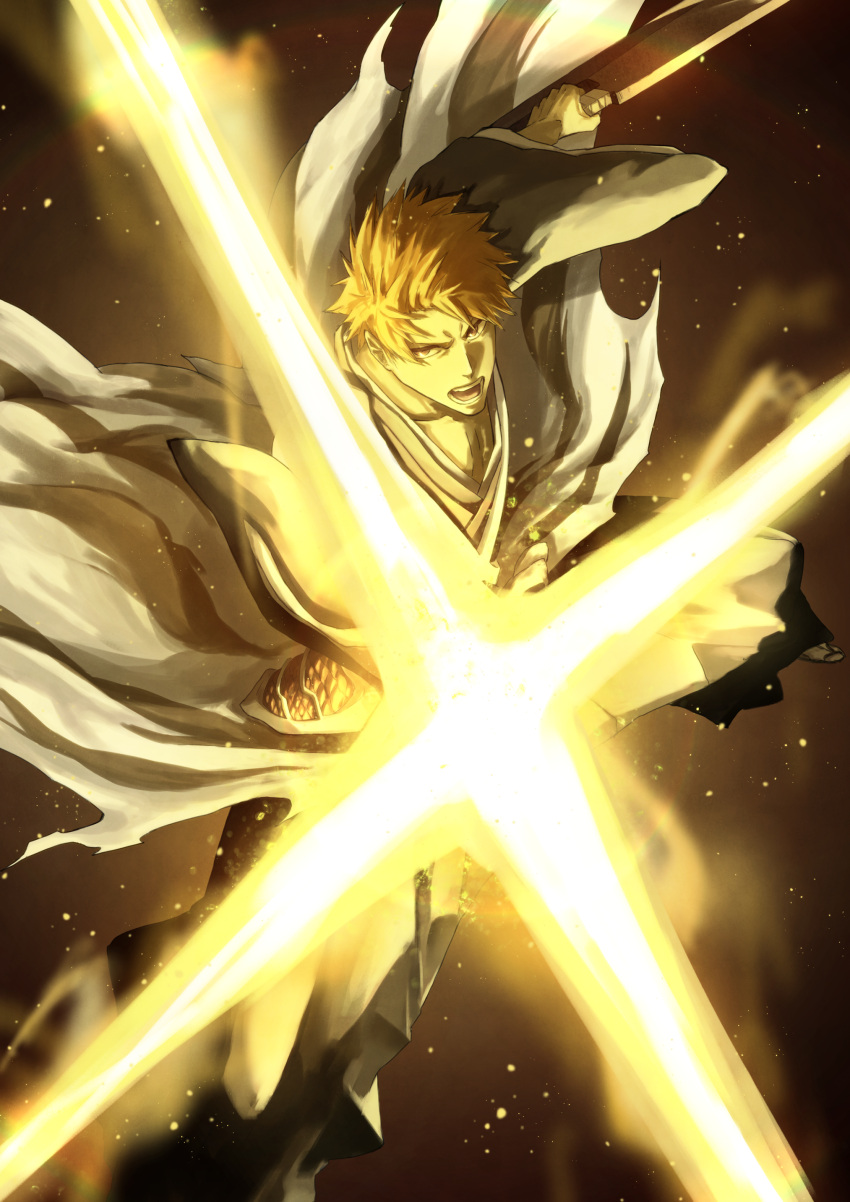 1boy, absurdres, black_hakama, black_kimono, bleach, bleach:_sennen_kessen-hen, brown_eyes, collarbone