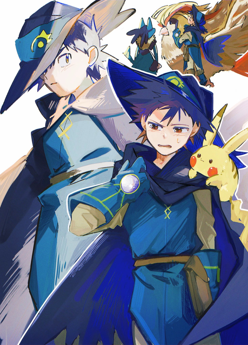 1boy, 1other, ash_ketchum, bag, bird, black_hair, blue_cape, blue_gloves