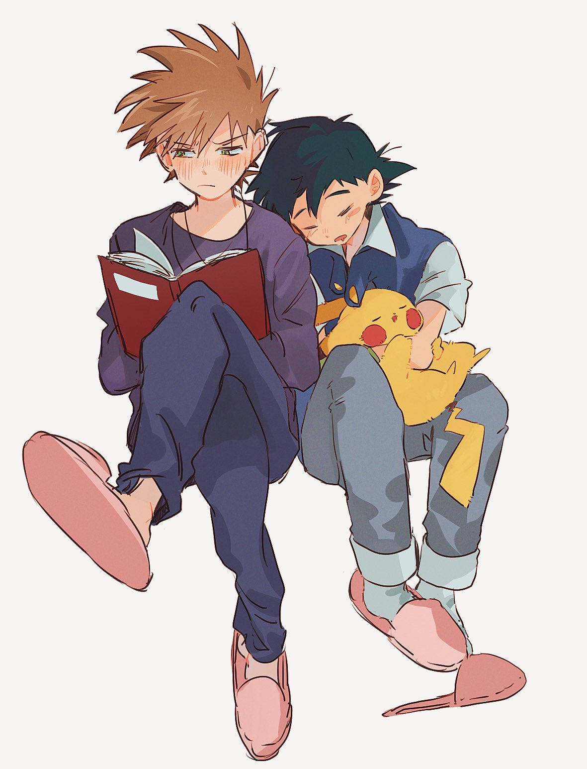 2boys, ash_ketchum, blue_pants, book, brown_eyes, brown_hair, closed_eyes, drooling