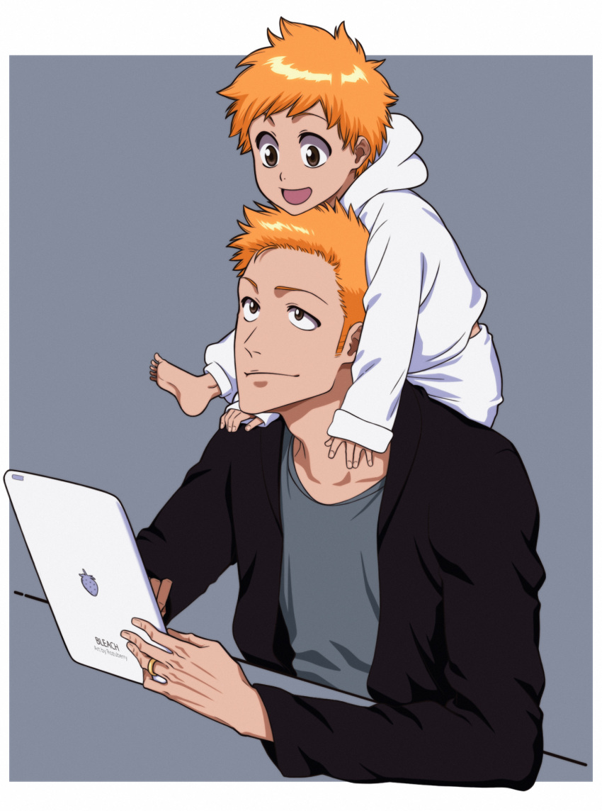 2boys, :d, aged_up, barefoot, bleach, bleach:_epilogue, border, brown_eyes