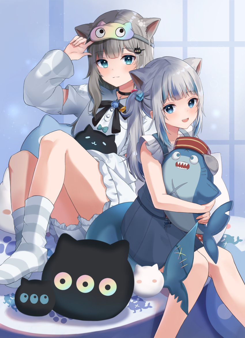 2girls, absurdres, animal_ears, bare_legs, black_choker, bloop_(gawr_gura), blue_eyes, blunt_bangs, bow, bowtie, cat_ears, cat_girl, choker, closed_mouth, collarbone, detached_sleeves, dress, eyebrows_hidden_by_hair, fins, fish_tail, gawr_gura, gawr_gura_(casual), grey_hair, hair_ornament, hennyano_(nachoneko), highres, holding, hololive, hololive_english, indie_virtual_youtuber, long_hair, long_sleeves, looking_at_viewer, multicolored_hair, multiple_girls, nachoneko, open_mouth, paw_print, shark_girl, shark_tail, sharp_teeth, shinshia_(sinsia_0928), side_ponytail, sitting, sleep_mask, sleeveless, sleeveless_dress, smile, socks, sparkle_background, streaked_hair, striped_clothes, striped_socks, tail, teeth, virtual_youtuber, window