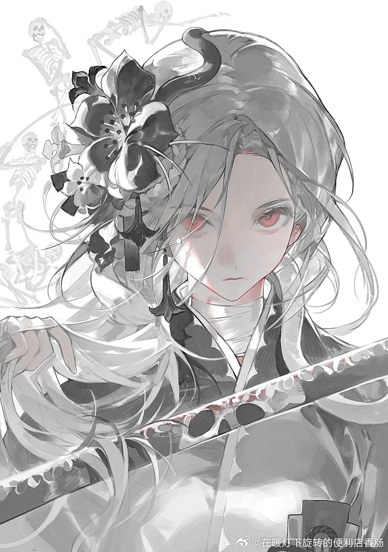 1girl, bandaged_neck, bandages, black_flower, black_hanfu, bright_pupils, check_copyright, chinese_clothes