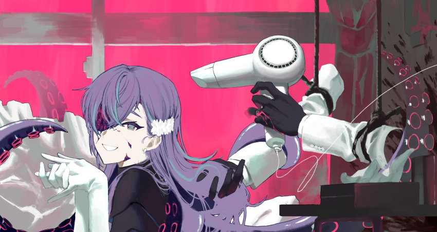 1boy, black_gloves, black_shirt, blue_hair, commentary_request, cracked_skin, curtains, elbow_gloves