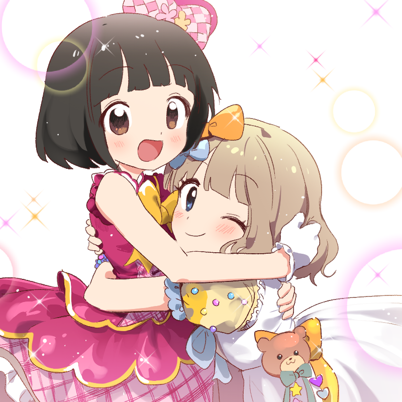 2girls, black_hair, blue_eyes, blunt_bangs, blush, breasts, brown_eyes, closed_mouth