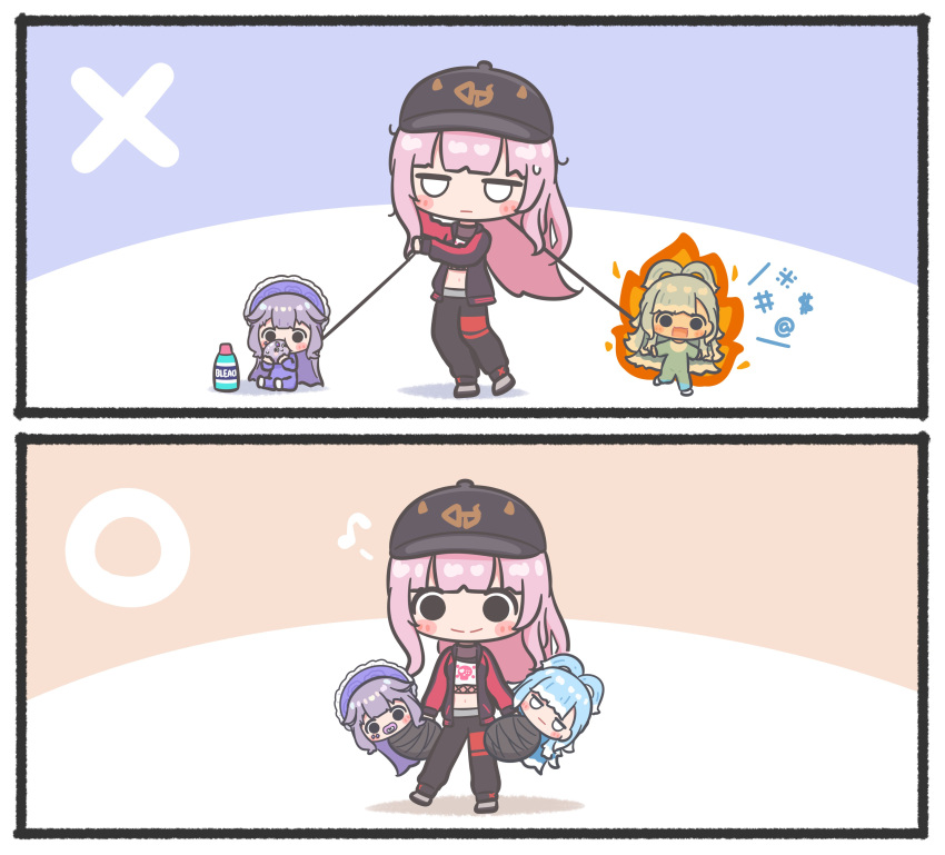 3girls, absurdres, age_regression, aged_down, antenna_hair, baby, bleach_(chemical), blue_hair