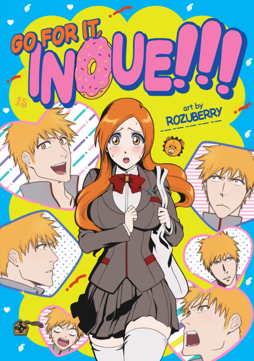 >:(, 1boy, 1girl, :d, artist_name, bleach, blush, breasts, brown_eyes, brown_hair, character_name, clenched_hands, collared_shirt, commentary, cover, cowboy_shot, curvy, doughnut, embarrassed, english_commentary, fake_cover, floating_hair, food, frown, furrowed_brow, ganbare!_nakamura-kun!!, green_jacket, grey_skirt, hands_up, heart, hetero, highres, inoue_orihime, jacket, kon_(bleach), kurosaki_ichigo, large_breasts, long_hair, long_sleeves, looking_at_viewer, looking_to_the_side, miniskirt, open_mouth, orange_hair, parody, parted_bangs, pleated_skirt, profile, rozuberry, school_uniform, shirt, short_hair, simple_background, skirt, smile, spiky_hair, sweat, teeth, thigh-highs, upper_teeth_only, v-shaped_eyebrows, white_shirt, white_thighhighs, wide-eyed, zettai_ryouiki