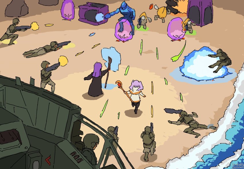 2girls, assault_rifle, battle, beach, casting_spell, crossover, energy_barrier, energy_gun