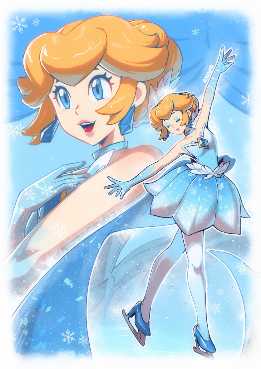 1girl, artist_name, bare_shoulders, blonde_hair, blue_choker, blue_dress, blue_eyes, blue_eyeshadow, blue_footwear, blue_pantyhose, choker, closed_eyes, colored_extremities, dress, earrings, eyeshadow, figure_skater_peach, gradient_pantyhose, highres, ice_skates, jewelry, makeup, multiple_views, official_alternate_costume, official_alternate_hairstyle, pantyhose, princess_peach, princess_peach:_showtime!, saiwo_(saiwoproject), skates, strapless, strapless_dress, super_mario_bros., white_pantyhose