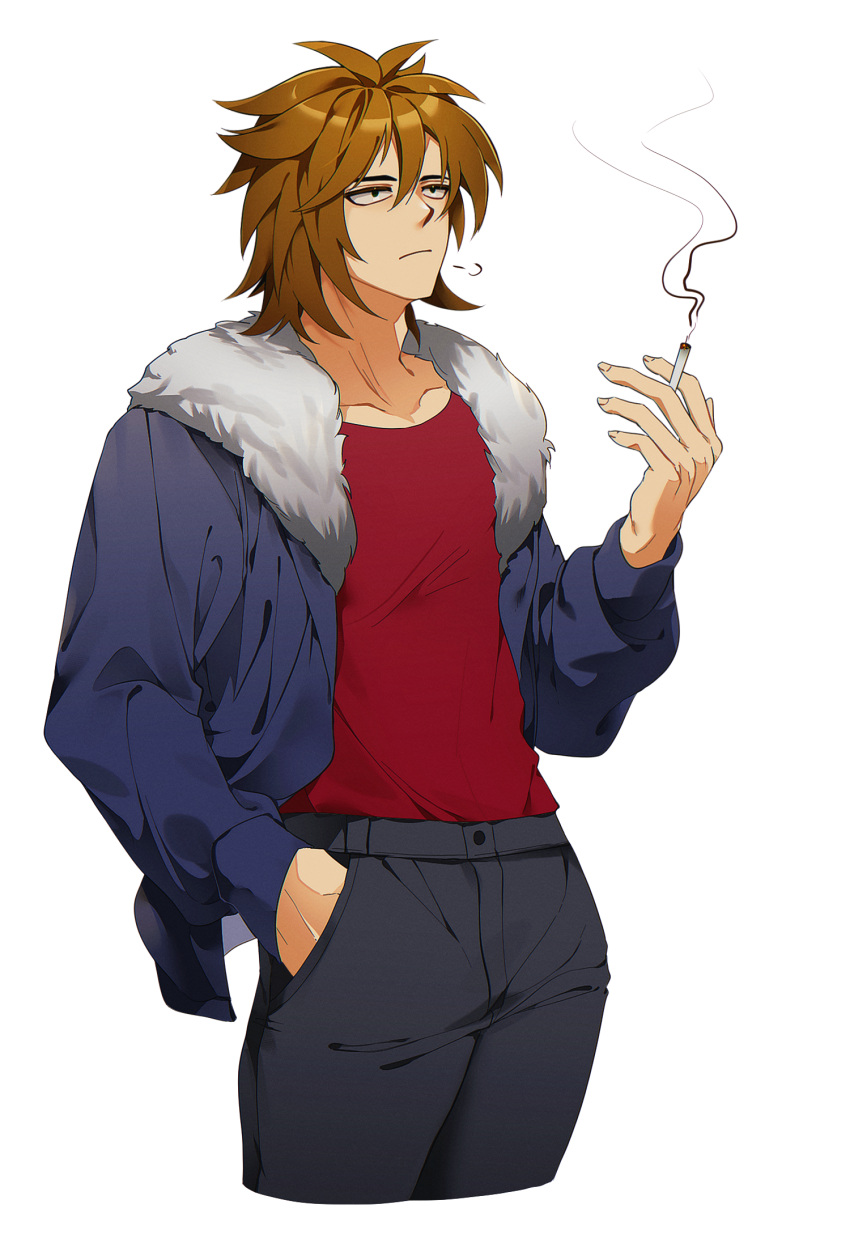 1boy, black_pants, blue_jacket, brown_hair, chromatic_aberration, cigarette, closed_mouth, collarbone