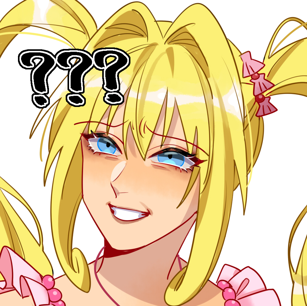 1girl, ?, ??, angry, blonde_hair, blue_eyes, commentary_request, grin
