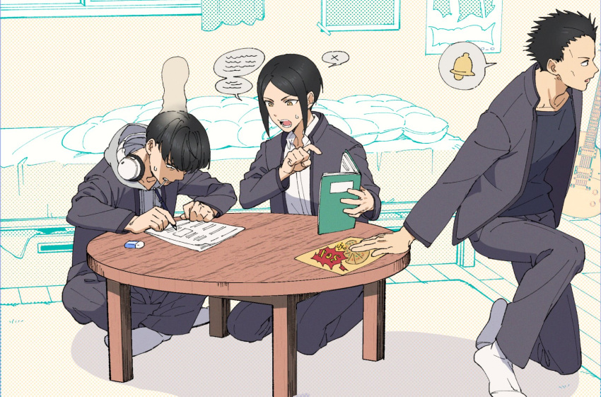 3boys, bed, black_hair, black_shirt, book, curtains, drawstring, eraser