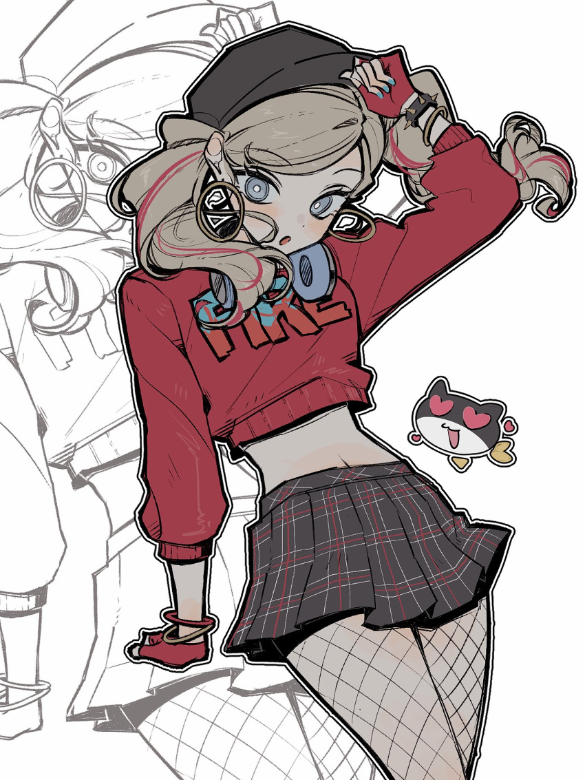 1girl, bangle, black_hat, blonde_hair, blue_eyes, blue_nails, bracelet, c.c., clothes_writing, cropped_sweater, earrings, fingerless_gloves, fishnet_pantyhose, fishnets, gloves, hat, headphones, headphones_around_neck, heart, highres, jewelry, korean_commentary, long_hair, long_sleeves, morgana_(persona_5), nail_polish, pantyhose, parted_lips, persona, persona_5, persona_5:_dancing_star_night, persona_dancing, plaid_clothes, plaid_skirt, red_gloves, red_sweater, sapoisfree, simple_background, skirt, sweater, takamaki_anne, twintails, white_background, zoom_layer
