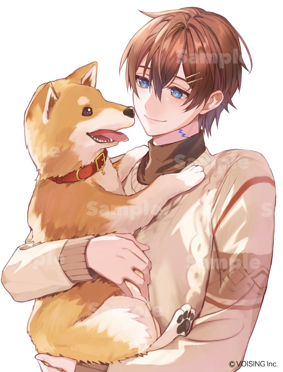 1boy, akita_inu, animal, animal_collar, blue_eyes, brown_hair, brown_shirt, carrying