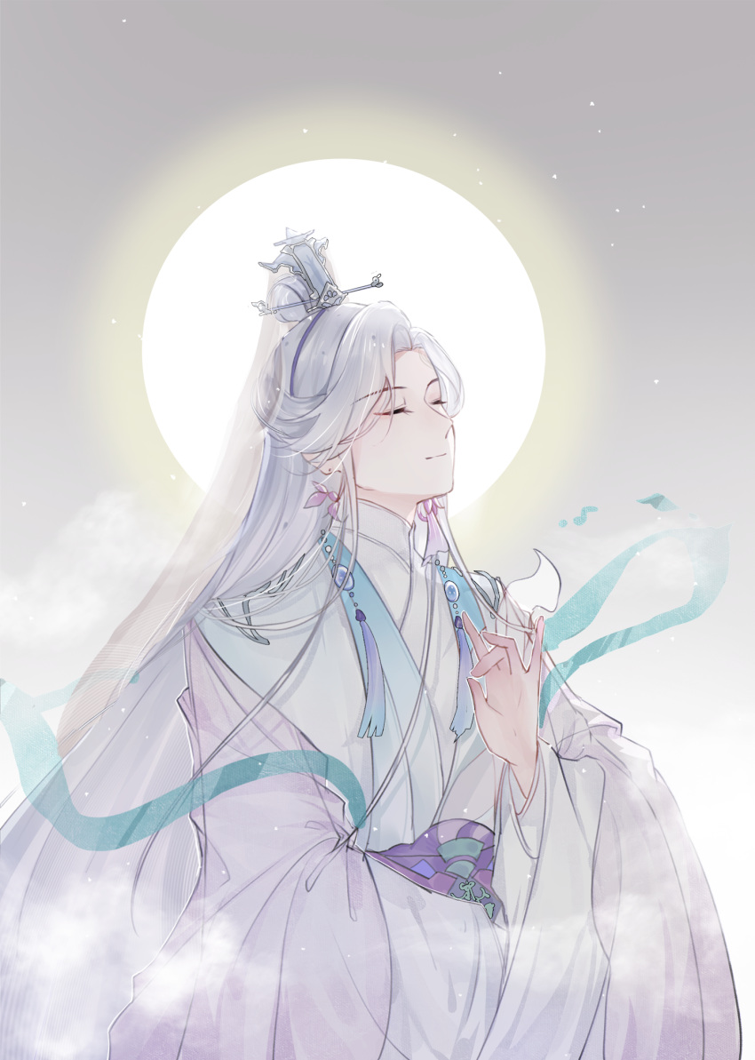 1boy, aqua_shawl, baiguigelierwan, bodhisattva, cael_anselm, chinese_clothes, closed_eyes, closed_mouth