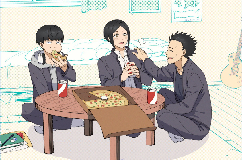 3boys, bed, black_hair, black_jacket, black_pants, black_shirt, book, can