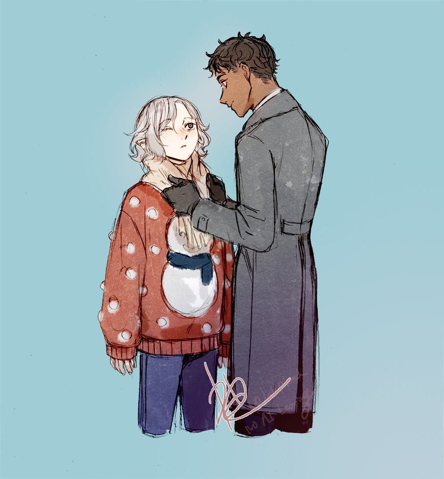 2boys, bags_under_eyes, black_eyes, black_hair, blue_background, blush, christmas_sweater, coat, contemporary, cowboy_shot, curly_hair, dark-skinned_male, dark_skin, dungeon_meshi, elf, gloves, grey_coat, grey_hair, kabe_piko, kabru, looking_at_another, male_focus, mithrun, multiple_boys, notched_ear, one_eye_closed, pointy_ears, red_sweater, scarf, short_hair, simple_background, snowman_print, sweater, winter_clothes