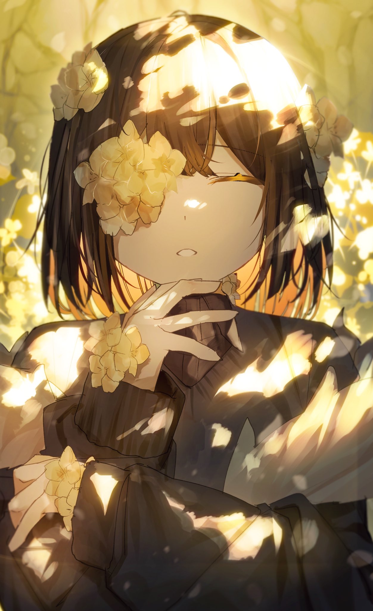 1other, ^_^, alternate_universe, black_sweater, brown_hair, closed_eyes, collared_shirt, commentary