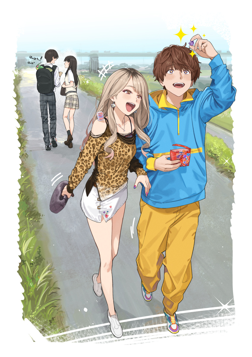 2boys, 2girls, absurdres, amane_sachika, animal_print, bag, black_hair, blonde_hair