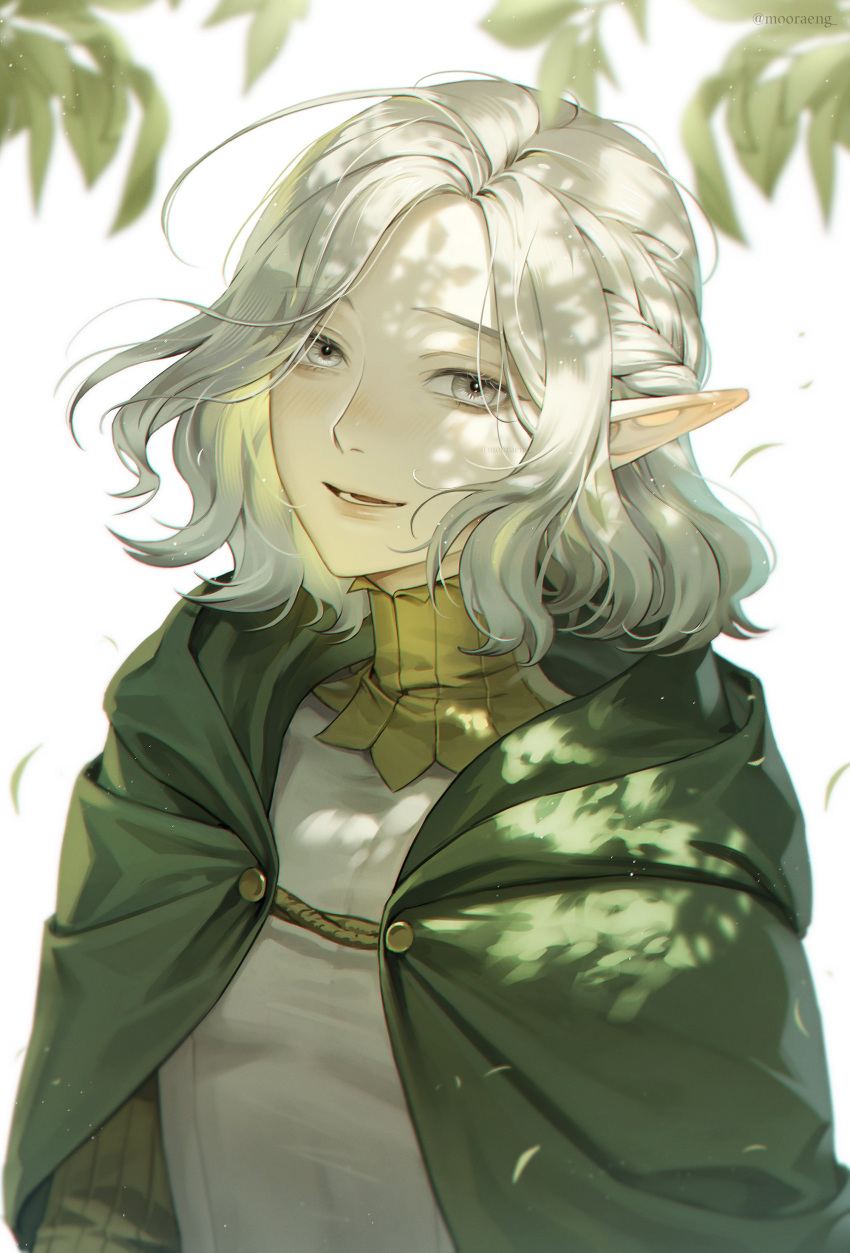 1boy, absurdres, cloak, dungeon_meshi, elf, floating_hair, gorget, green_cloak