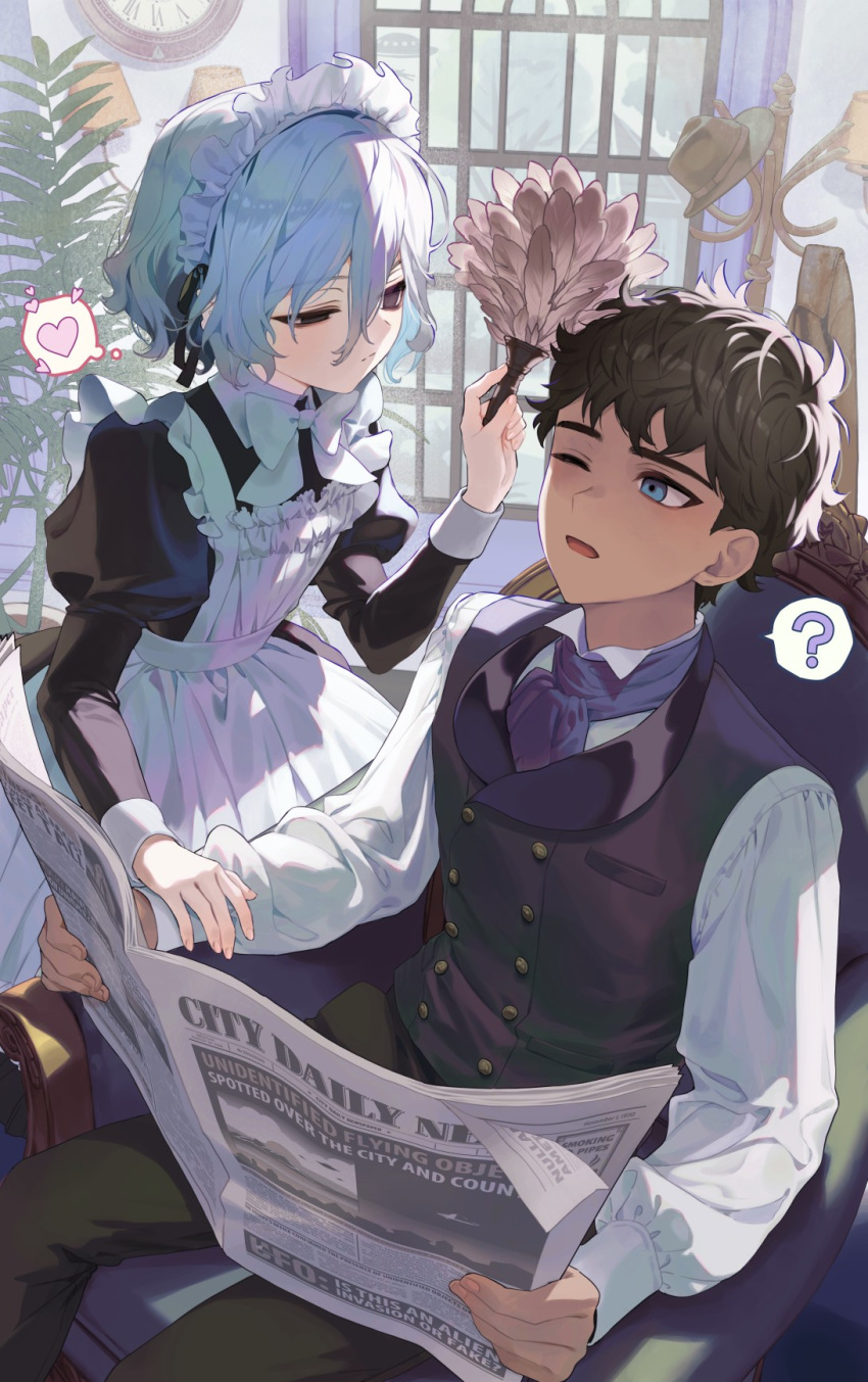 2boys, ?, alternate_costume, apron, bags_under_eyes, black_dress, black_eyes, black_hair