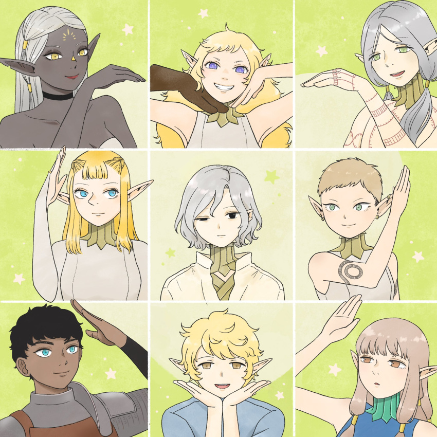 4boys, 5girls, arm_tattoo, bags_under_eyes, bare_shoulders, black_eyes, black_hair, blonde_hair