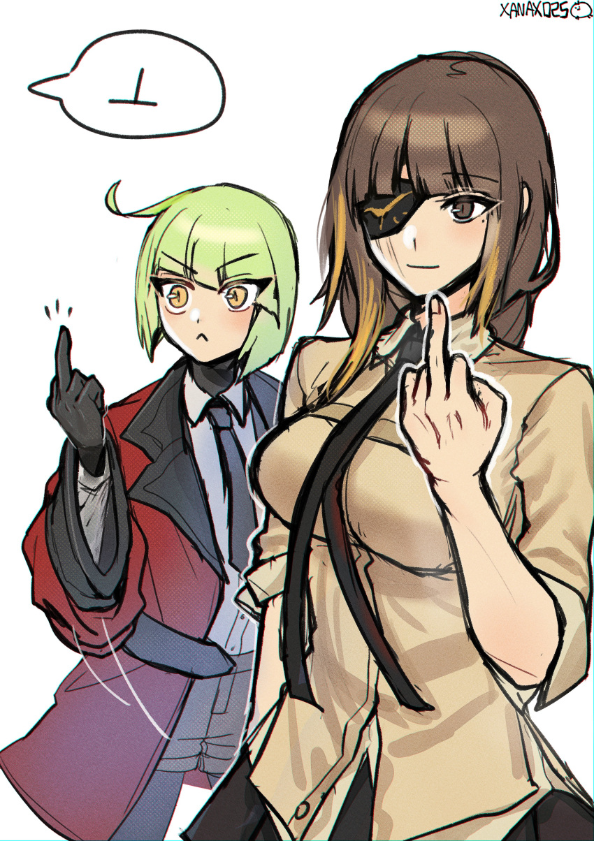 2girls, absurdres, black_necktie, black_skirt, blunt_bangs, braid, brown_hair, closed_mouth