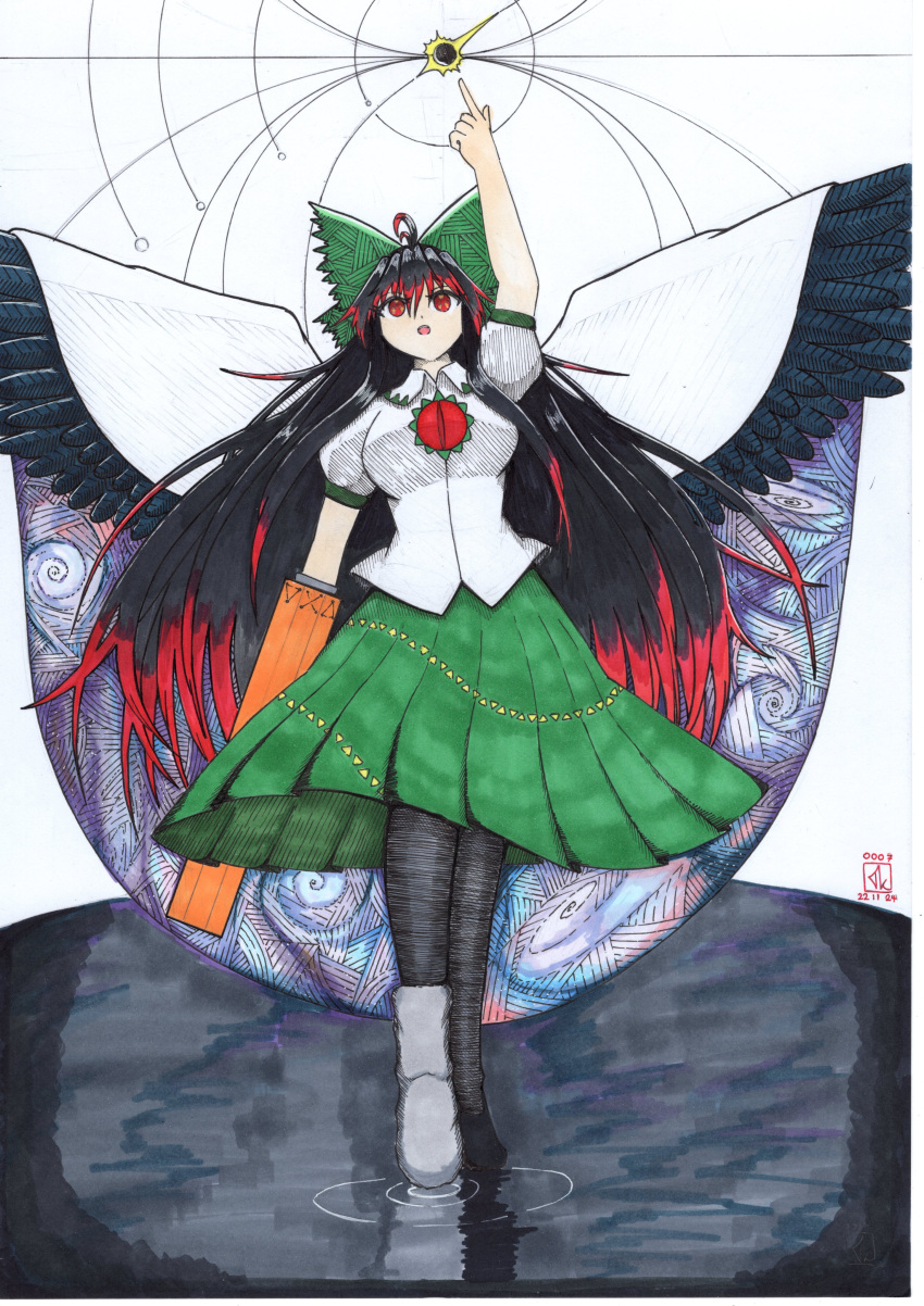 1girl, absurdres, ahoge, arm_cannon, asymmetrical_footwear, bird_wings, black_hair, black_sun