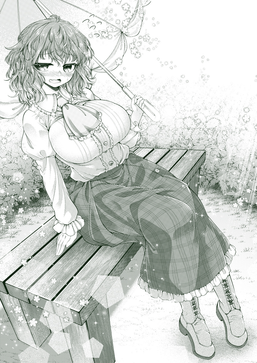 0-den, 1girl, absurdres, arm_support, ascot, bench, blush, boots