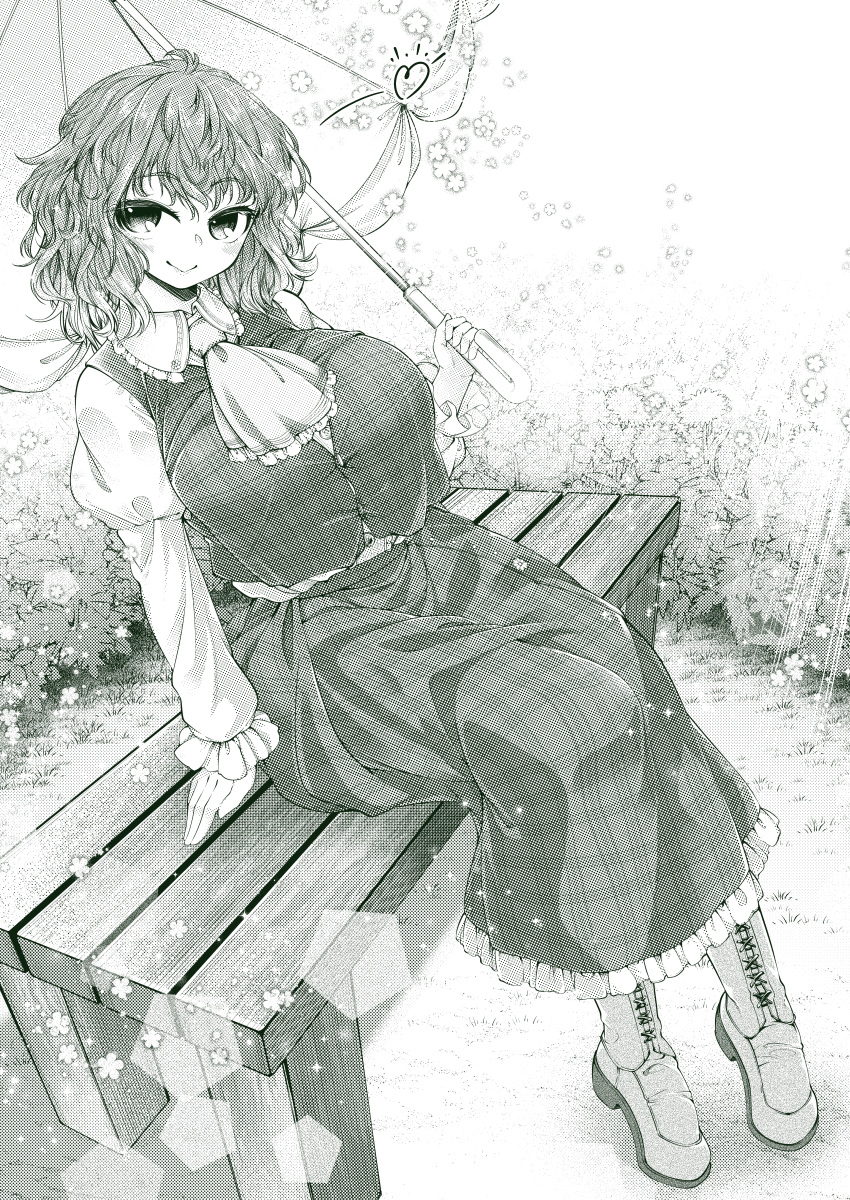 0-den, 1girl, absurdres, arm_support, ascot, bench, boots, breasts