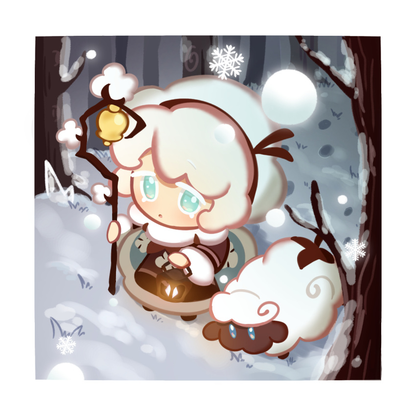 1girl, :o, animal, bad_id, bad_pixiv_id, bell, border, brown_dress, cookie_run, cookie_run:_kingdom, cotton_cookie, cream_cotton_sheep, dress, from_above, full_body, fur-trimmed_dress, fur_trim, gimt5n, green_eyes, hat, highres, holding, holding_lantern, holding_staff, korean_commentary, lantern, long_sleeves, looking_at_viewer, open_mouth, outdoors, outside_border, sheep, short_hair, snow, snowflakes, snowing, solo, staff, standing, tree, white_border, white_hair, white_hat