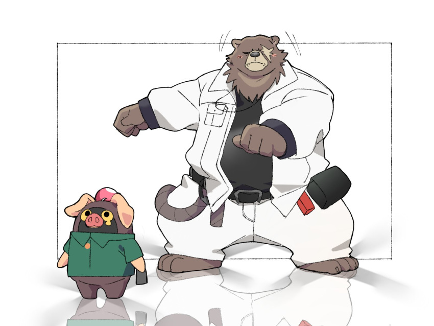 2boys, animal_ears, artist_self-insert, bangboo_(zenless_zone_zero), barefoot, bear_boy, bear_ears, belt