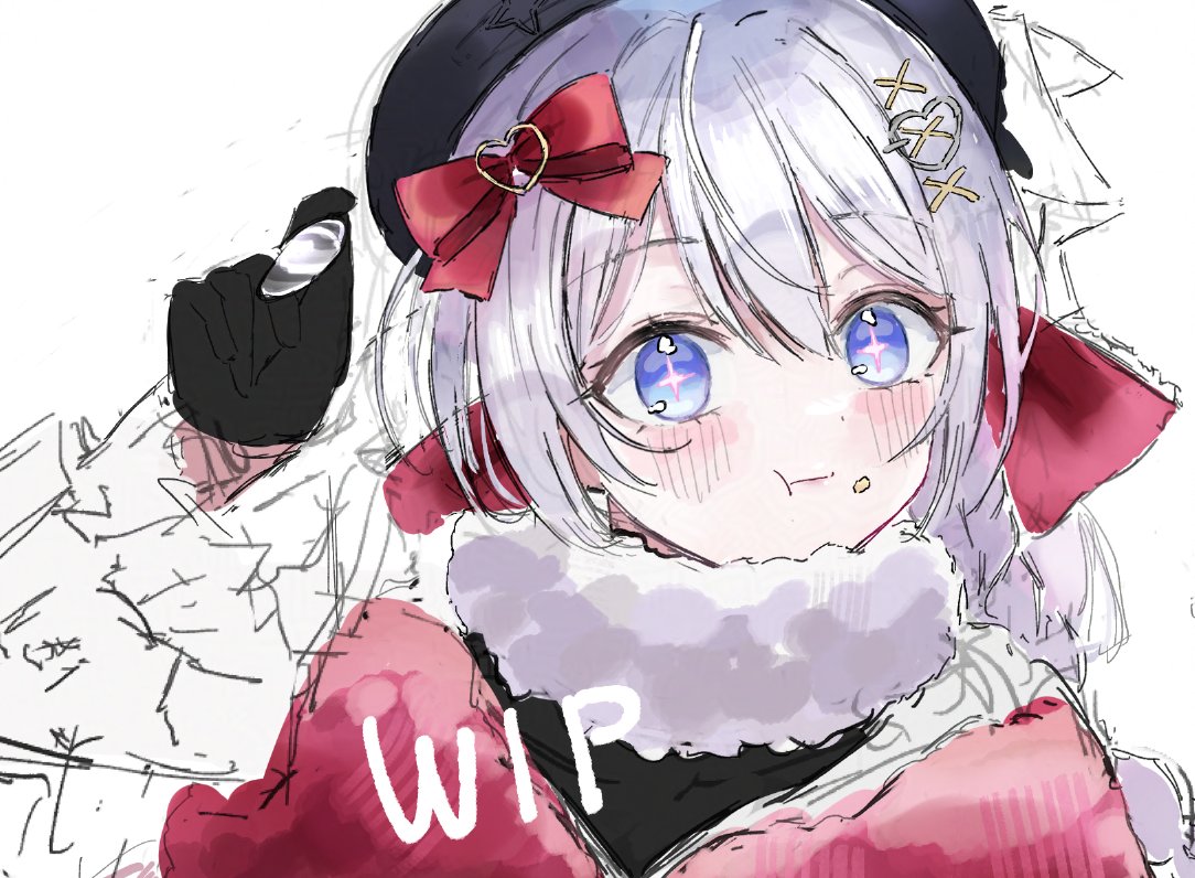 1girl, 316_lp, black_gloves, blue_eyes, blush, bow, food, food_on_face