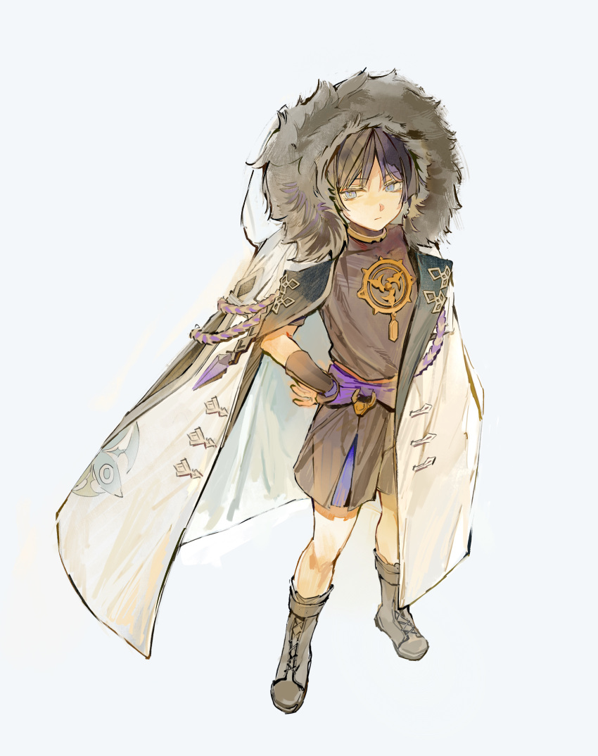 1boy, absurdres, armor, black_footwear, black_hair, blue_eyes, boots, closed_mouth